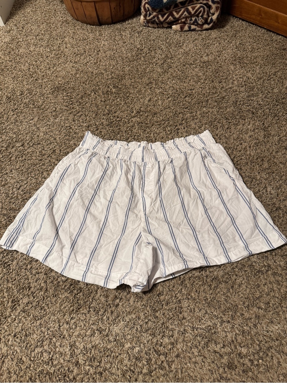 aerie White Shorts with Blue Vertical Stripes